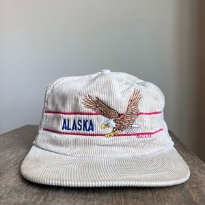 Vintage tan Alaska corduroy snap back hat.